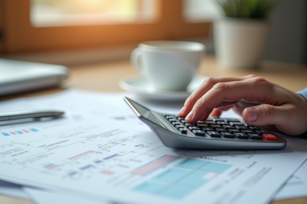 Main utilisant une calculatrice avec papiers de prêt et café
