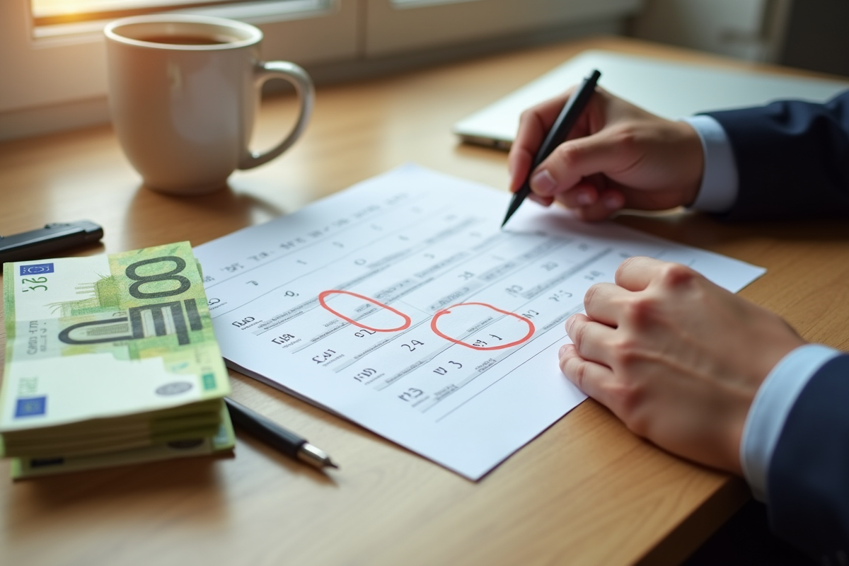 Main tenant un calendrier avec une date entourée près de billets euros et café