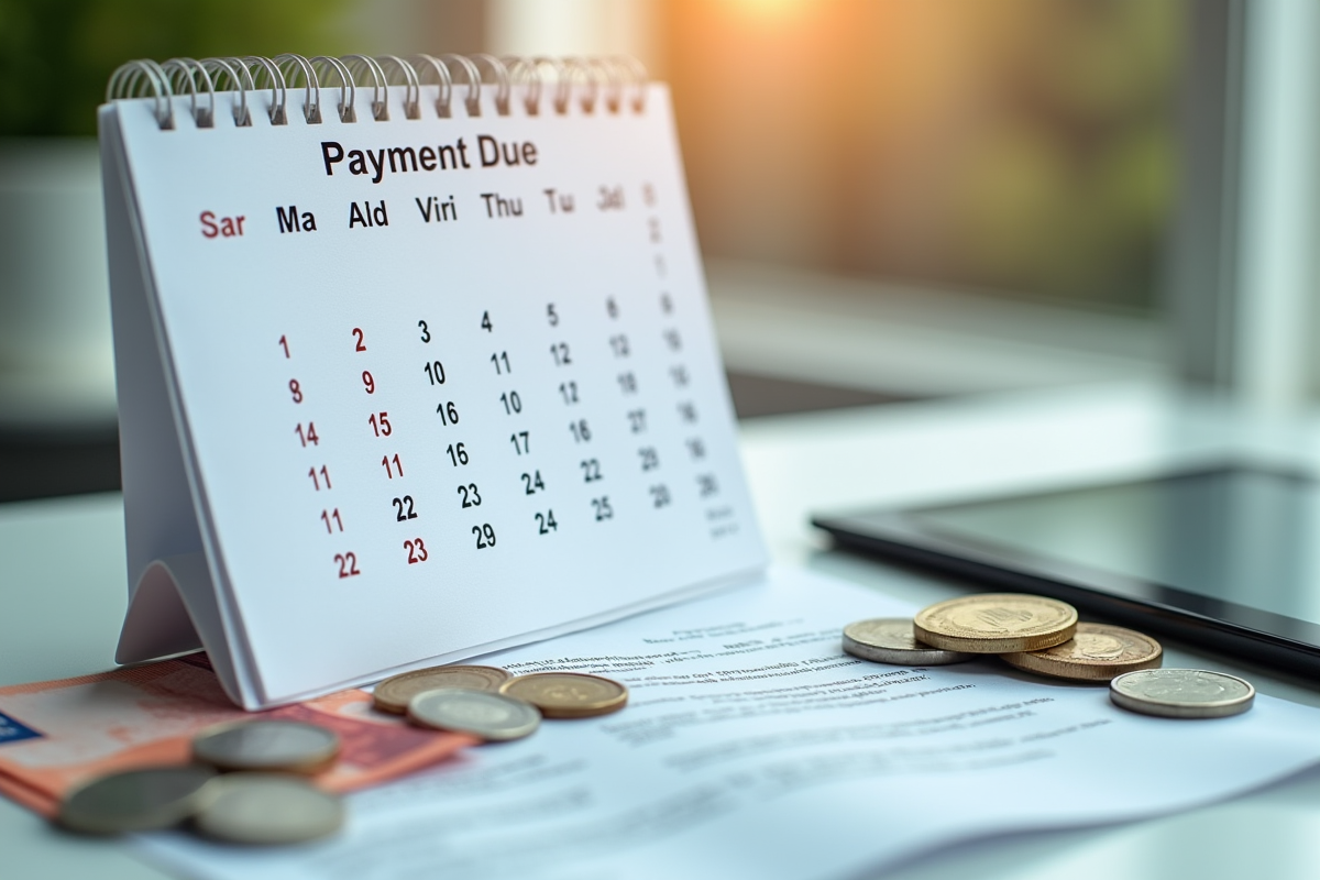 Calendrier avec dates de paiement et monnaie euro sur un bureau lumineux