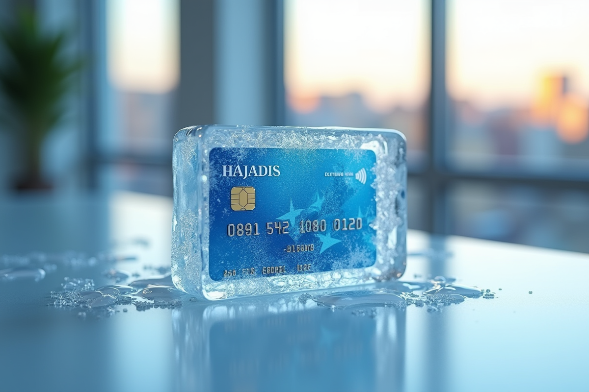 Carte de credit gelée dans la glace sur une table lumineuse