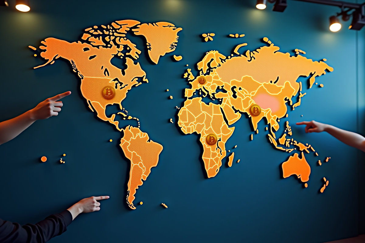 Carte du monde avec des pièces de bitcoin en or et mains pointant