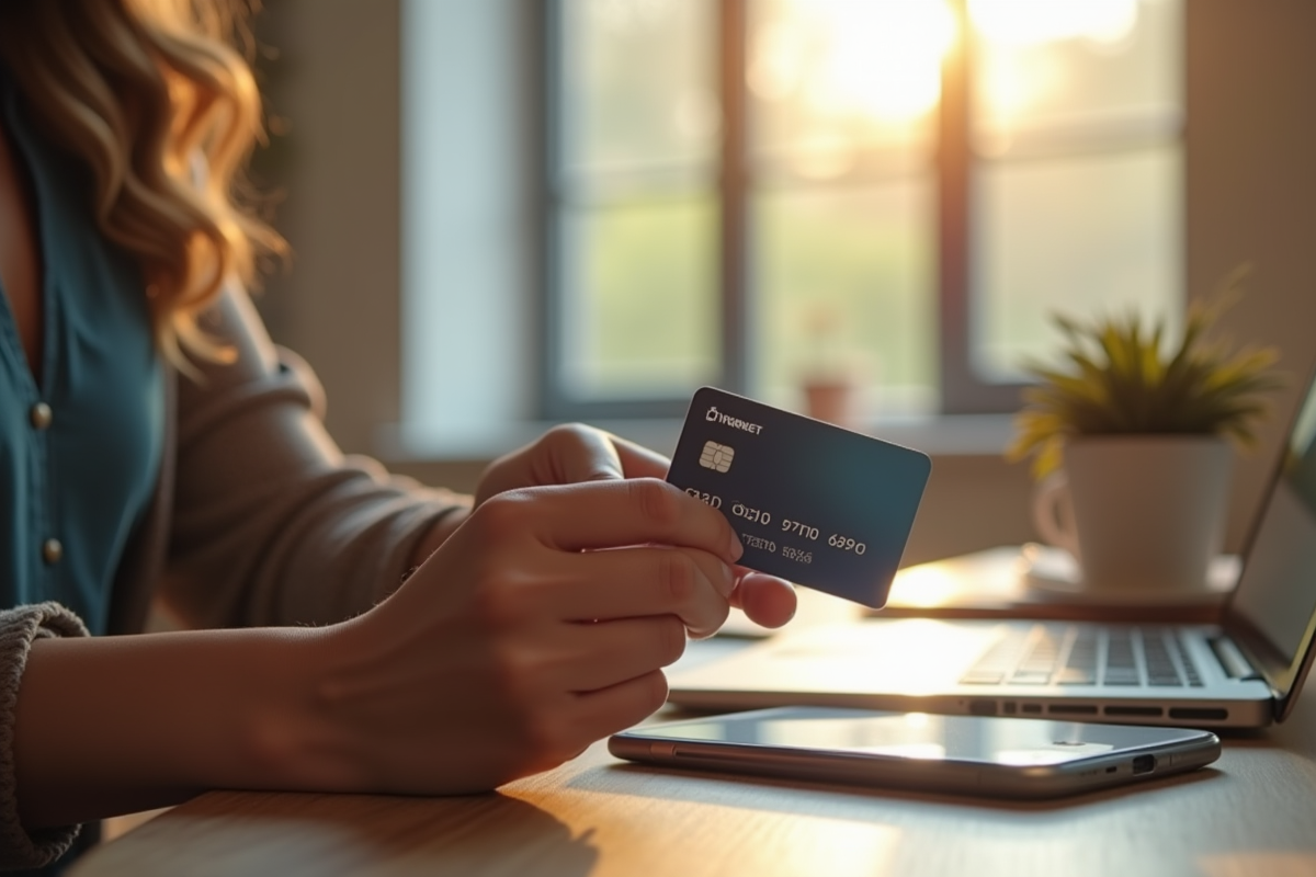 Personne tenant une carte prépayée et utilisant une appli bancaire