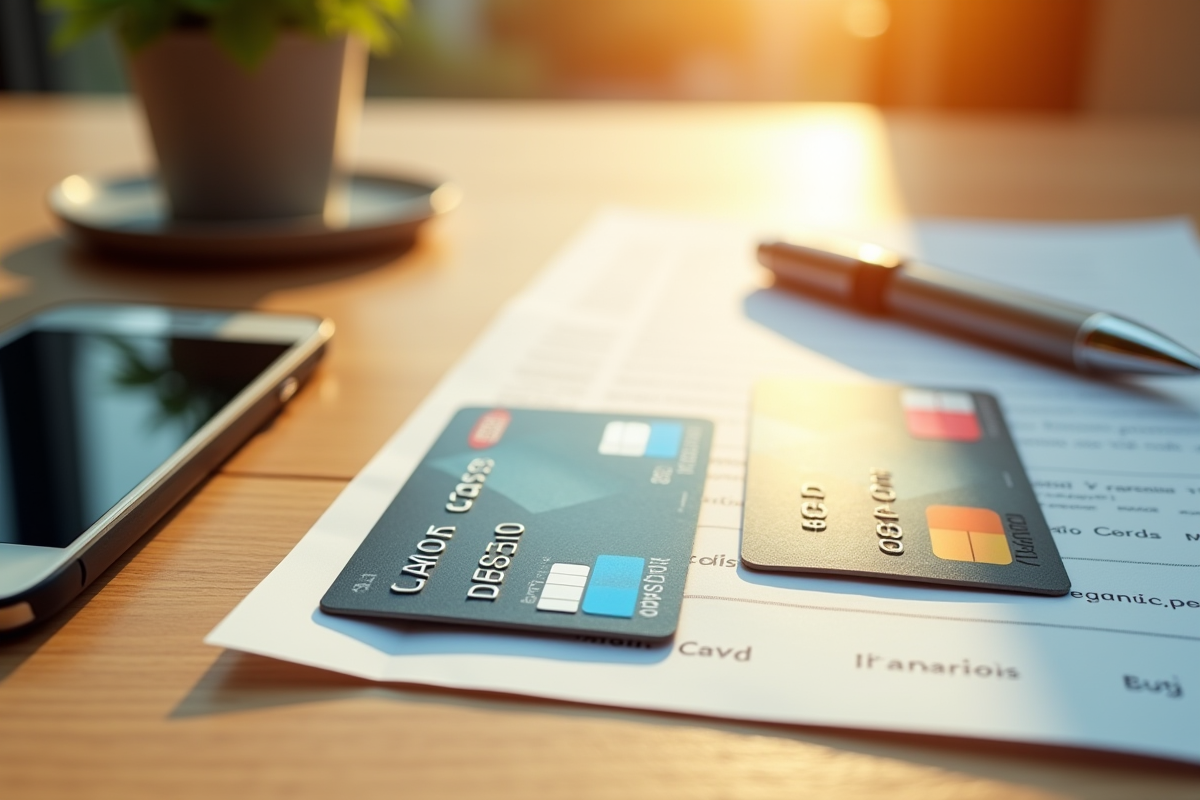 Cartes de crédit et documents sur un bureau en matinée