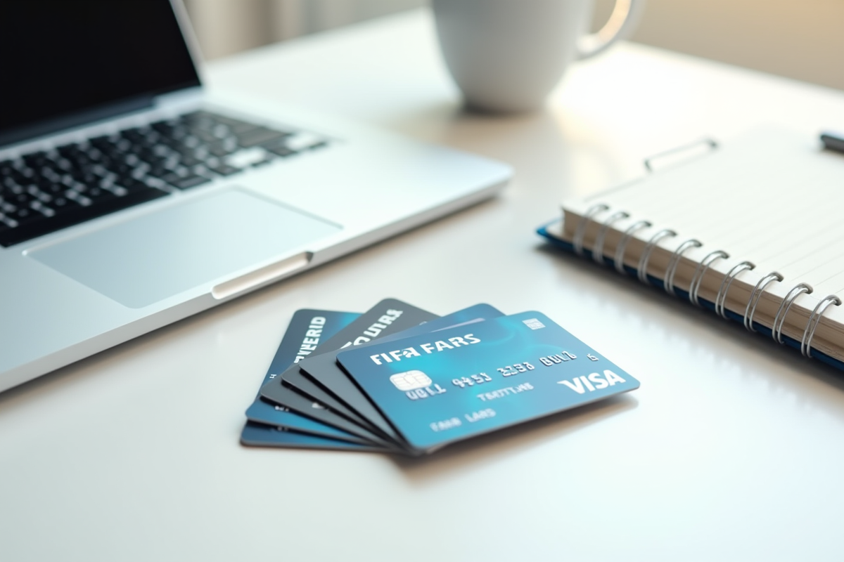 Différentes cartes de crédit sur un bureau blanc avec ordinateur