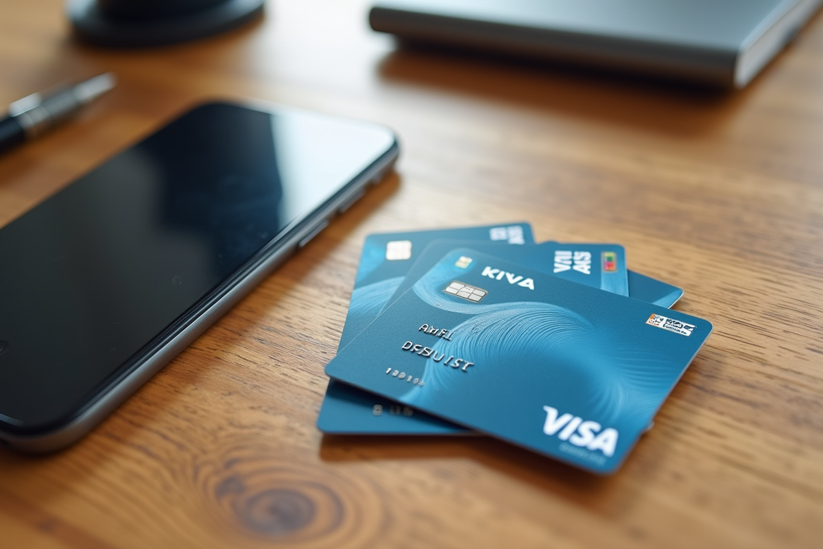 Plusieurs cartes Visa élégantes sur un bureau en bois lumineux
