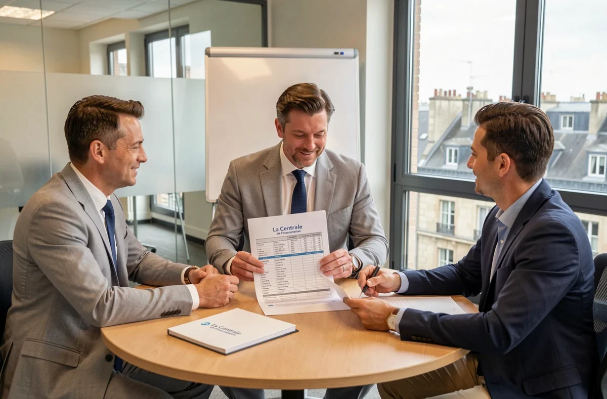 Conseiller La Centrale de Financement Chartres présentant un plan de financement immobilier à deux clients
