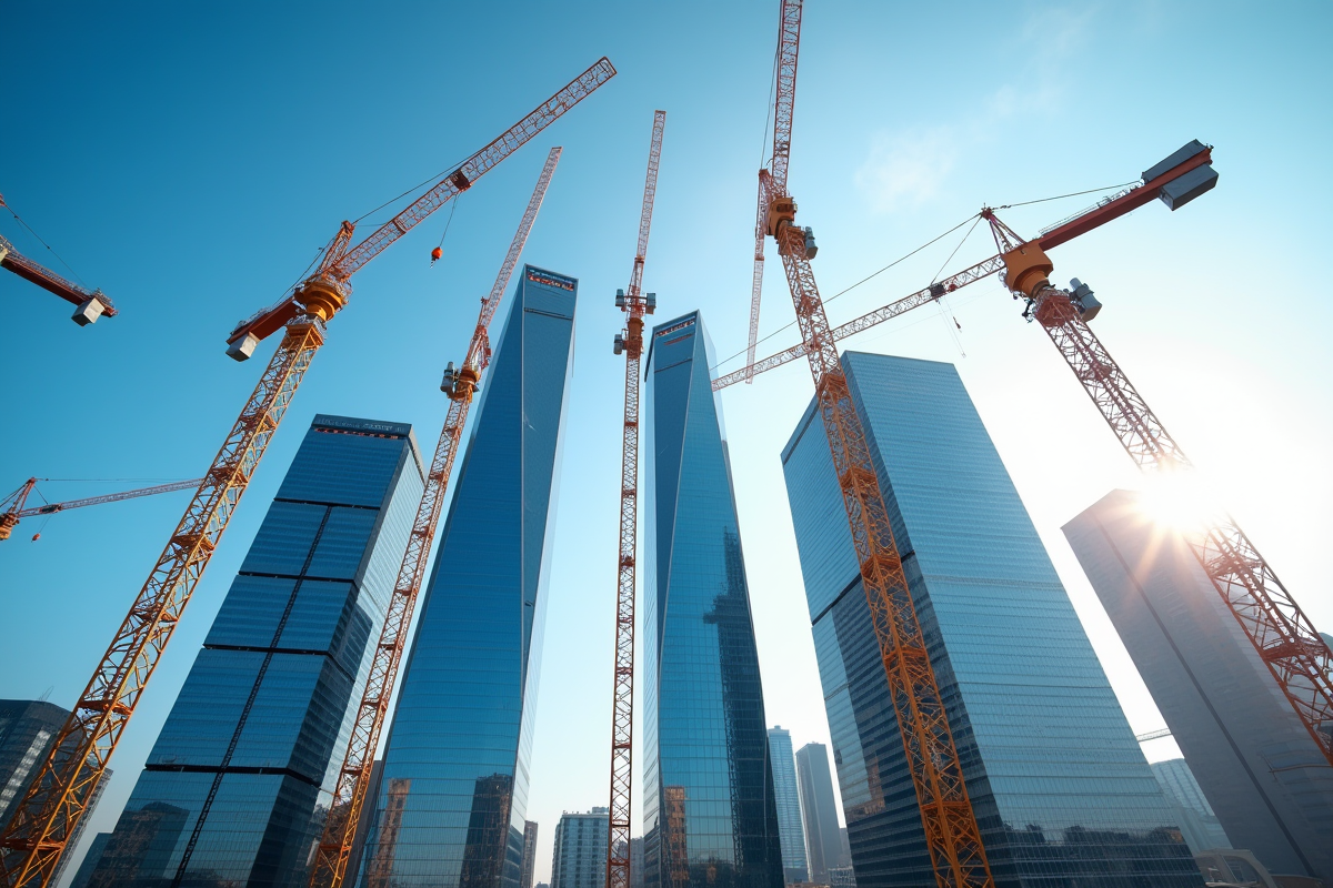 Chantier de construction avec grues et ouvriers en plein progrès