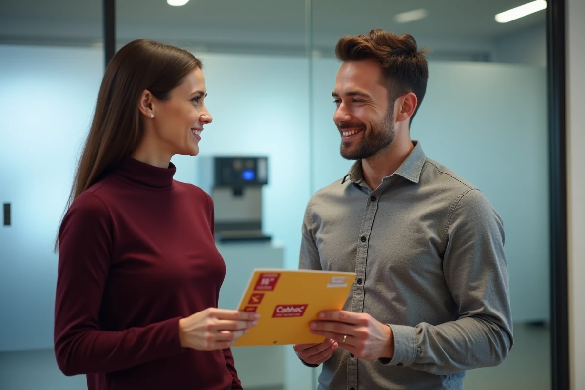 Deux collègues discutant de l'utilisation optimale de leurs chèques Cadhoc au bureau