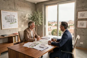 Conseiller en investissement locatif présentant une carte de l'Hérault à un couple dans un bureau moderne avec vue sur Montpellier