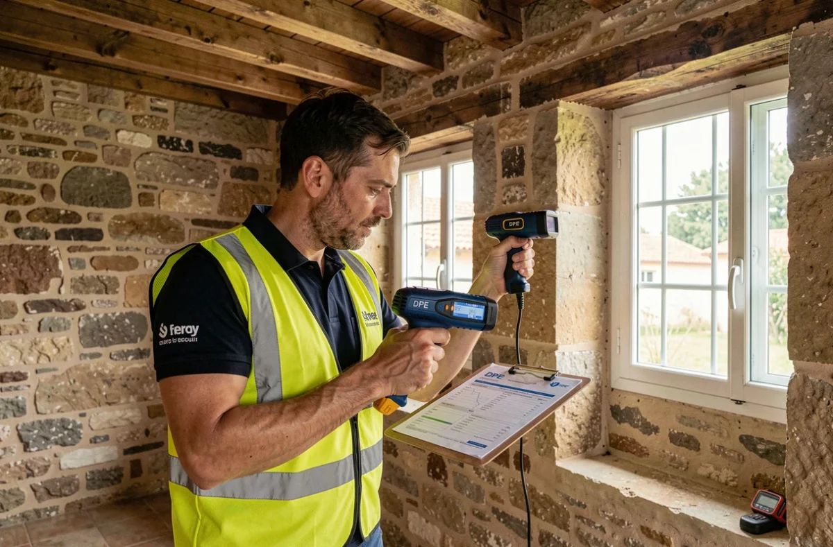 Expert de Claude DPE réalisant un diagnostic de performance énergétique dans un appartement ancien de l'Hérault avec une caméra thermique