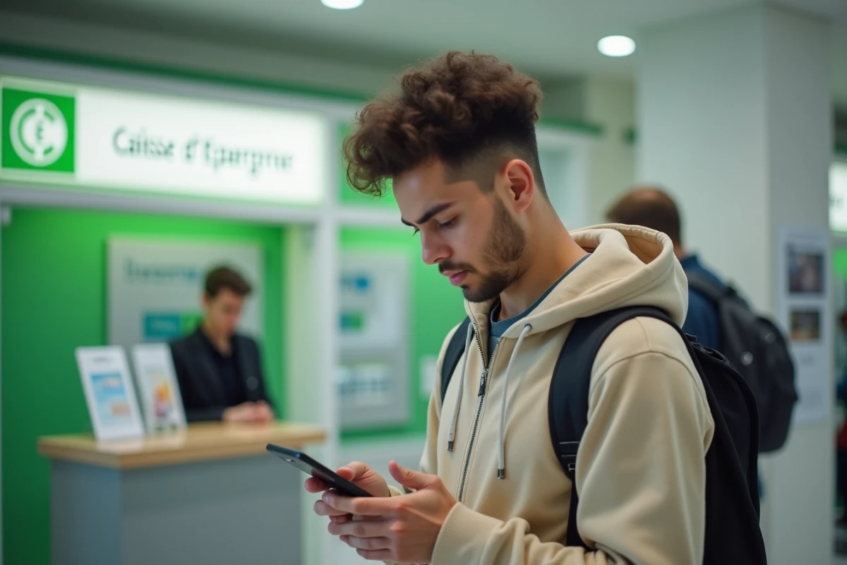 Jeune client d'une agence Caisse d'Epargne consultant son téléphone en attendant de signaler un bug de l'application mobile