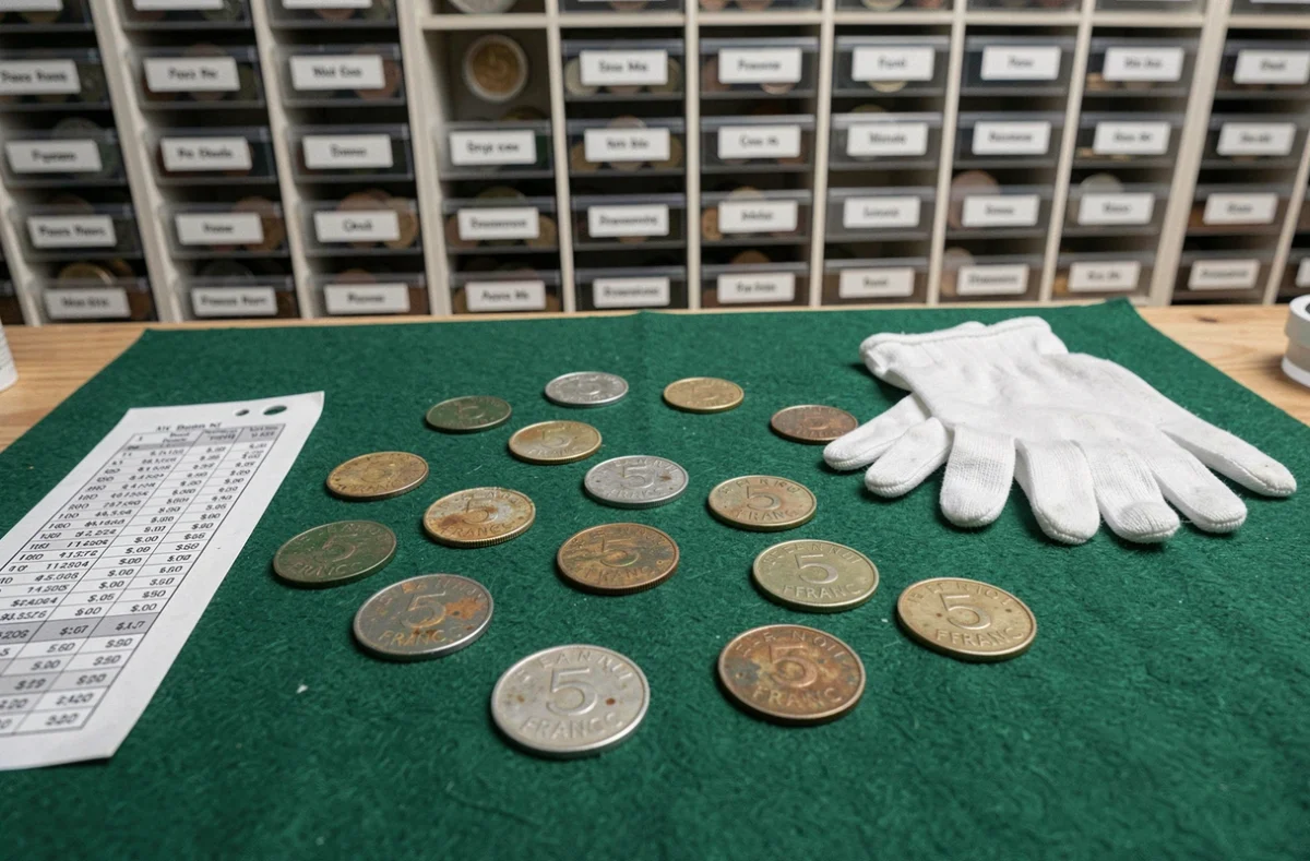 Collection de pièces de 5 francs 1960 étalées sur un tapis de numismate avec guide de prix pour évaluation
