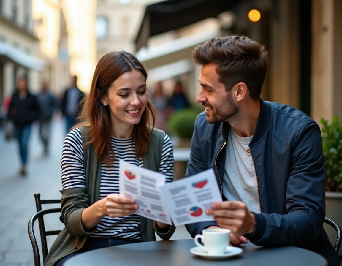 Deux collègues discutant des statistiques de salaire moyen en France en terrasse de café à Lyon