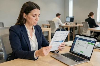 Femme professionnelle comparant un bulletin de paie papier et un coffre-fort numérique sur ordinateur au bureau