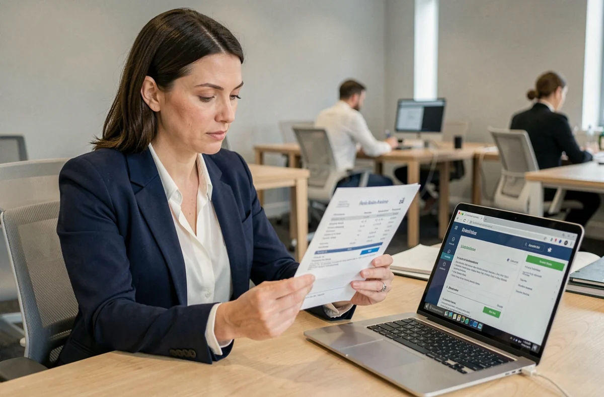 Femme professionnelle comparant un bulletin de paie papier et un coffre-fort numérique sur ordinateur au bureau