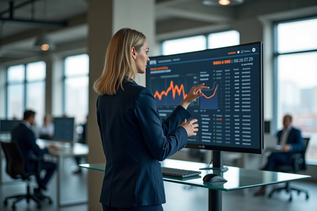 Femme en tenue professionnelle comparant des ETF et des fonds classiques sur un écran dans un bureau moderne