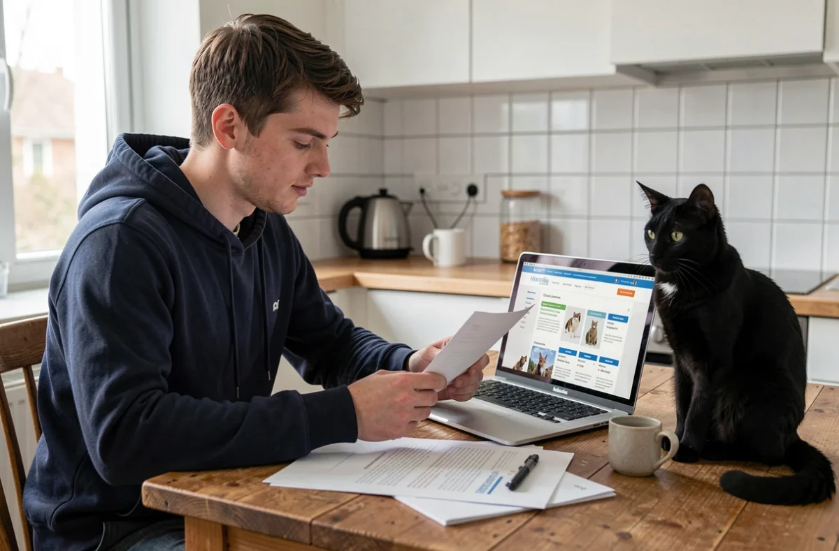 Jeune homme comparant des offres de mutuelle pour chat sur son ordinateur, avec son chat noir assis à côté de lui