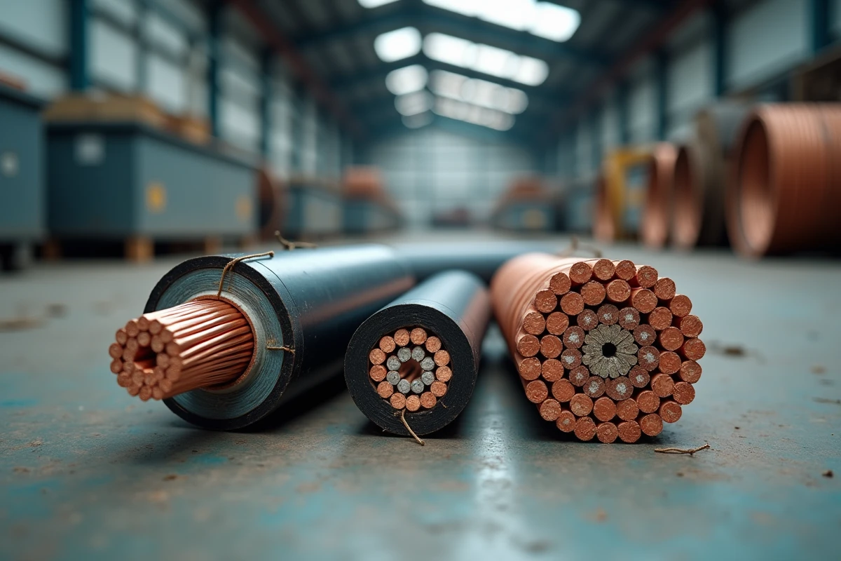 Comparaison de câbles en cuivre en coupe transversale : câble industriel blindé, fil électrique gainé et tige de cuivre nu avec étiquettes de prix au kilogramme