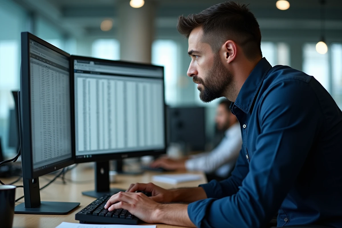 Comptable masculin travaillant sur un tableur de conversion d'heures centi&egrave;mes dans un bureau professionnel