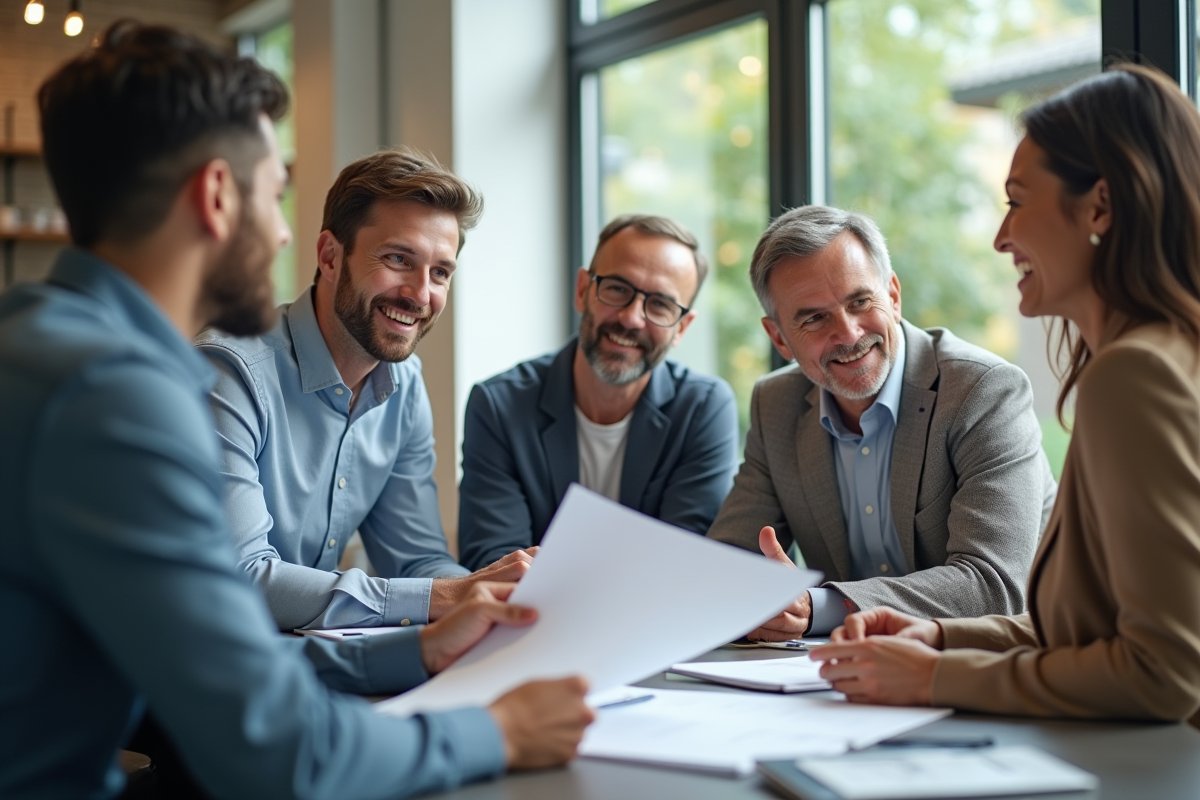 Conseiller montrant des documents à un groupe d adultes lors d