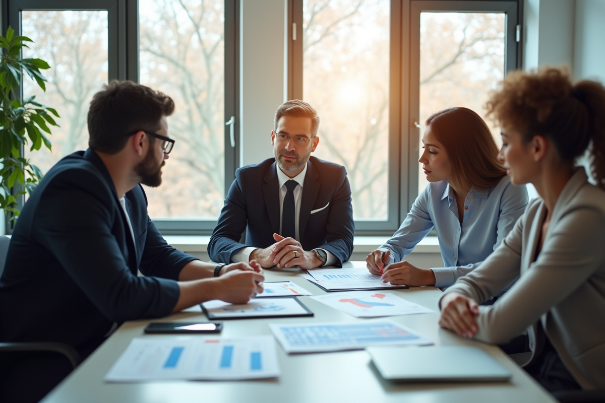 Conseiller financier expliquant options de crédit à un groupe