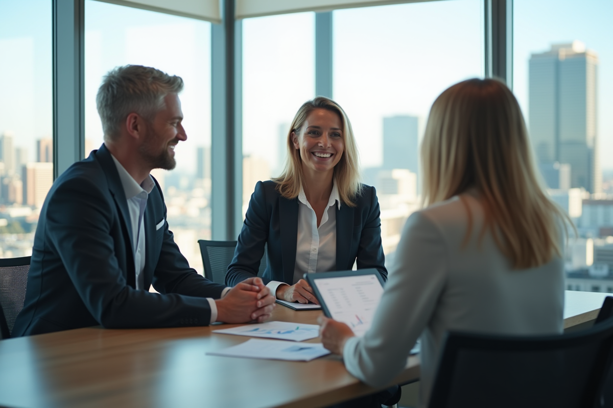 Conseiller financier souriant avec couple en réunion