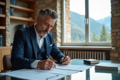Conseiller fiscal en costume marine examinant des documents d'optimisation fiscale pour yacht dans un bureau notarial d'Andorre avec vue sur les montagnes