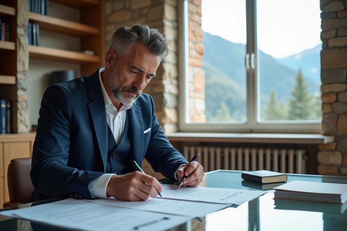 Conseiller fiscal en costume marine examinant des documents d'optimisation fiscale pour yacht dans un bureau notarial d'Andorre avec vue sur les montagnes
