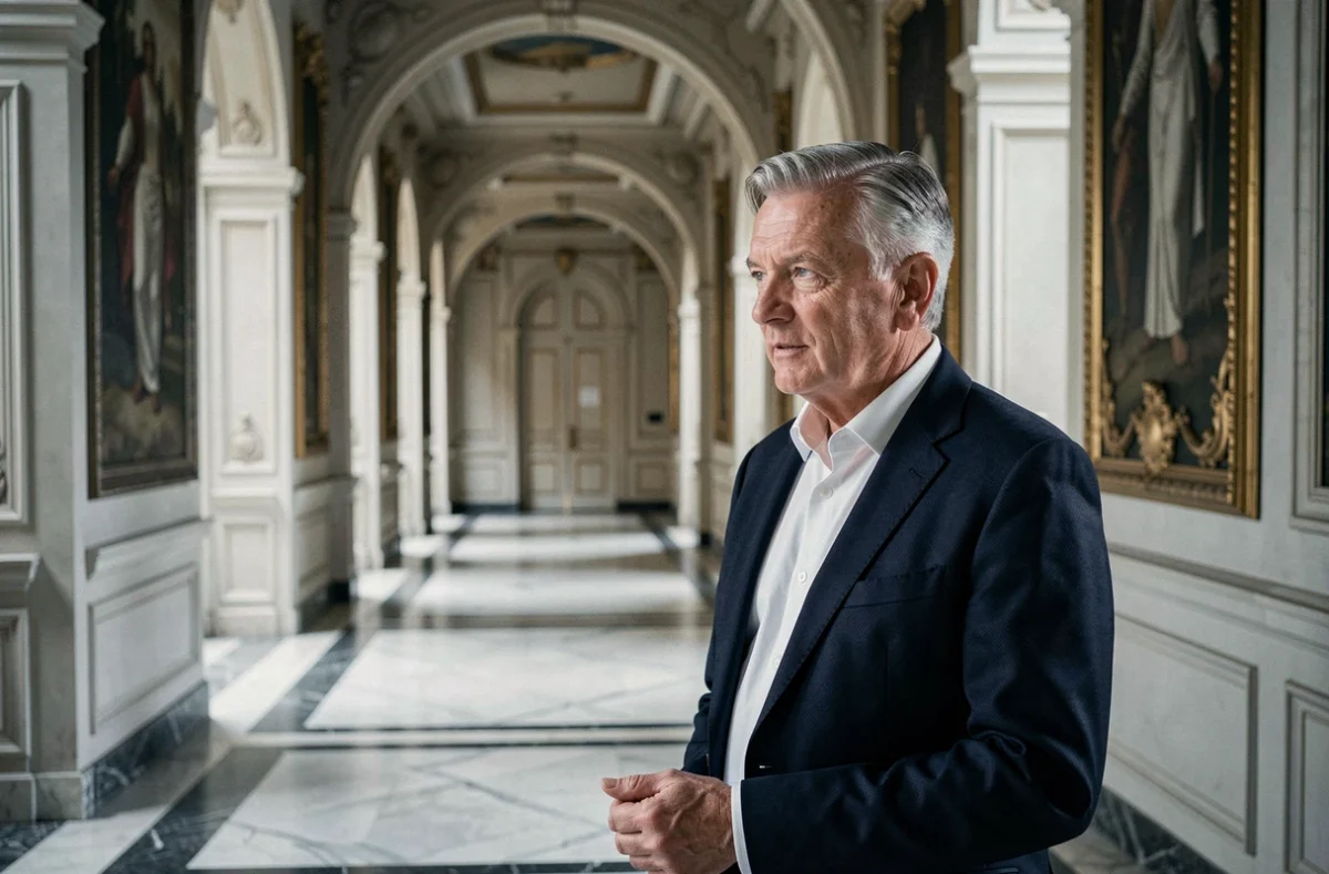 Conseiller senior en couloir institutionnel parisien illustrant les cercles du pouvoir économique et politique