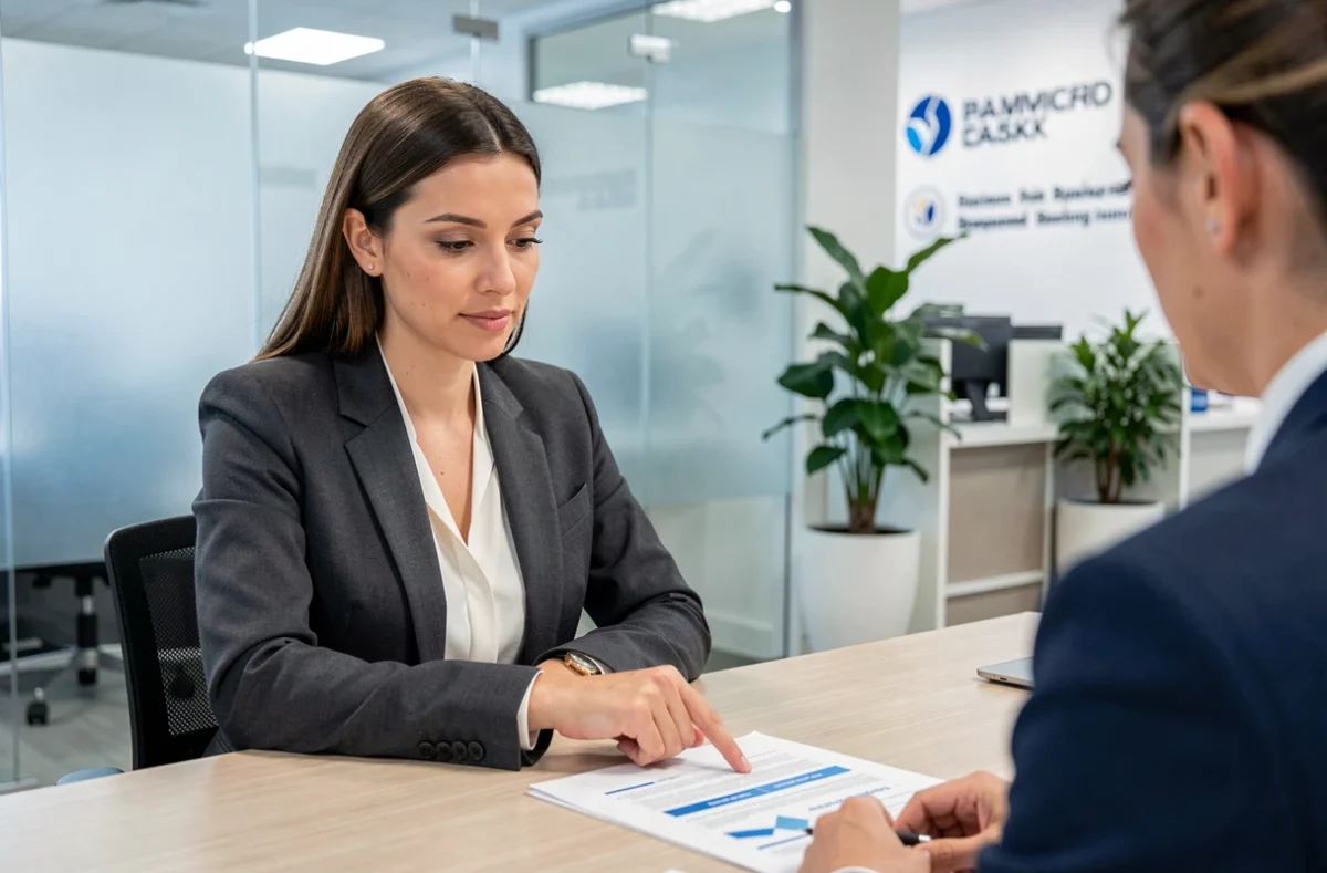 Conseillère bancaire expliquant les démarches pour lever un interdit bancaire à un client
