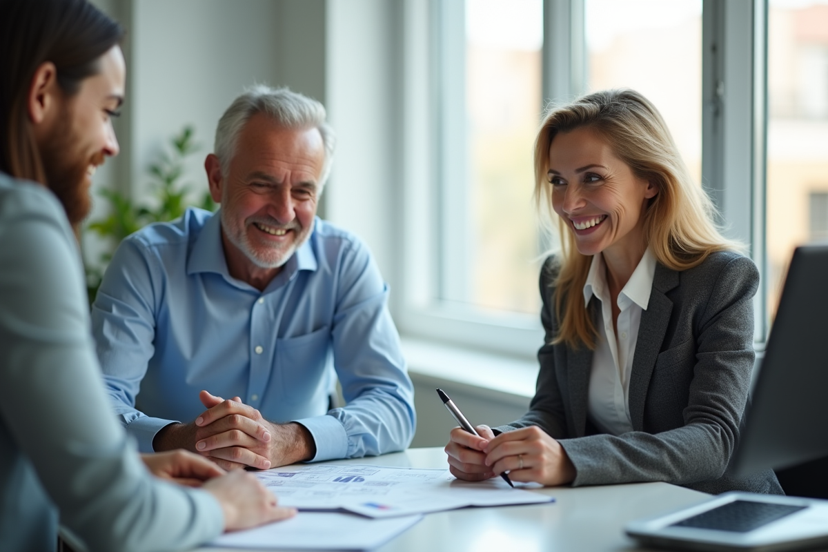 Couple souriant en réunion financière dans un bureau moderne