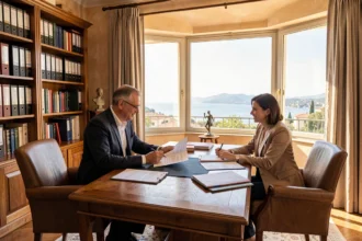 Un conseiller en gestion de patrimoine dans le Var discute avec des clients dans un bureau élégant avec vue sur la côte méditerranéenne