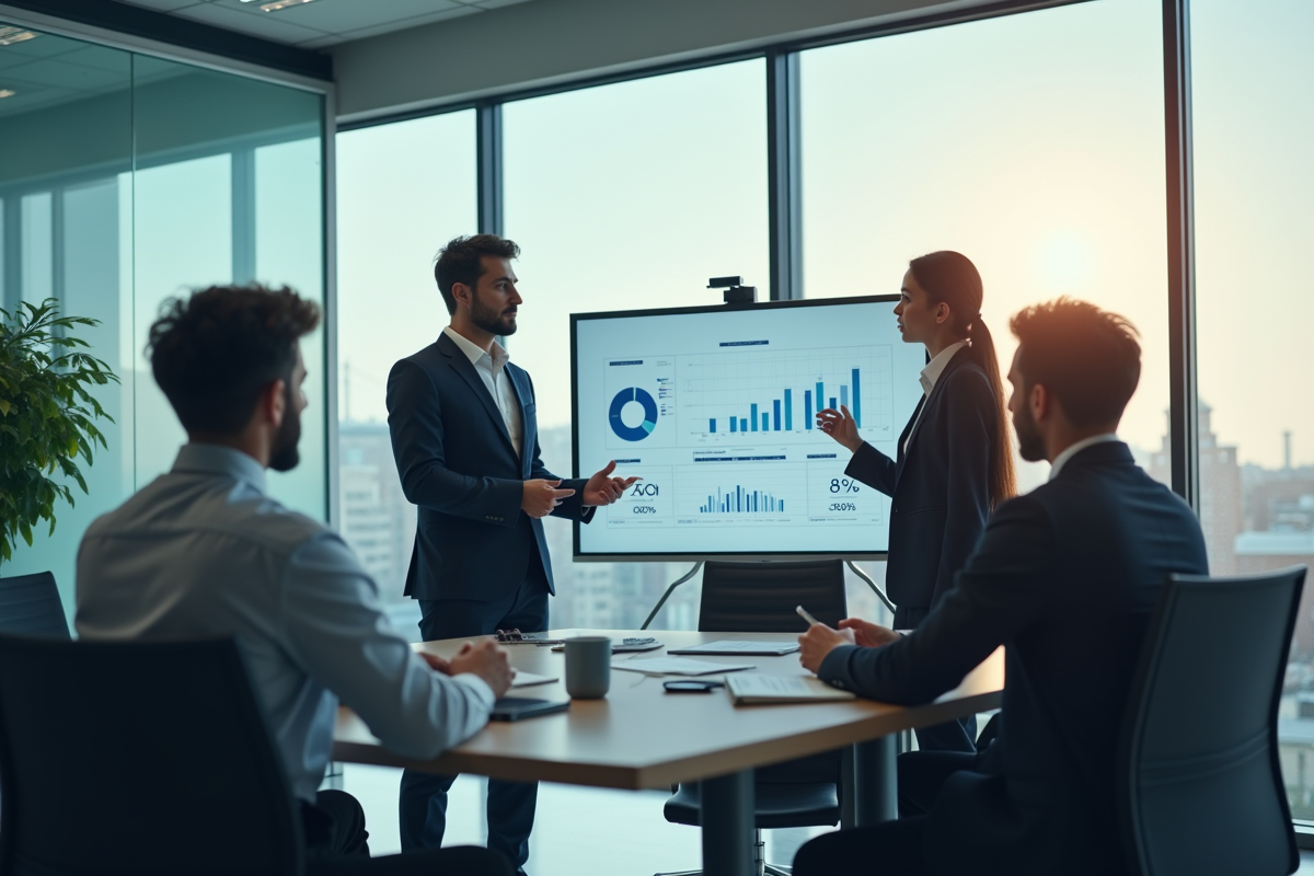 Consultant en analyse financière présentant un graphique à des dirigeants