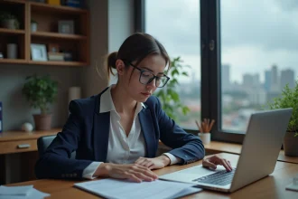 Femme consultant le fichier Préventel sur ordinateur portable à son bureau à domicile
