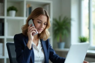 Femme au bureau composant le numéro de téléphone de la Banque Postale Centre financier depuis son domicile