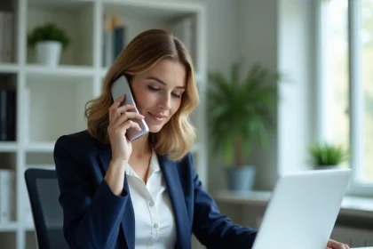 Femme au bureau composant le numéro de téléphone de la Banque Postale Centre financier depuis son domicile