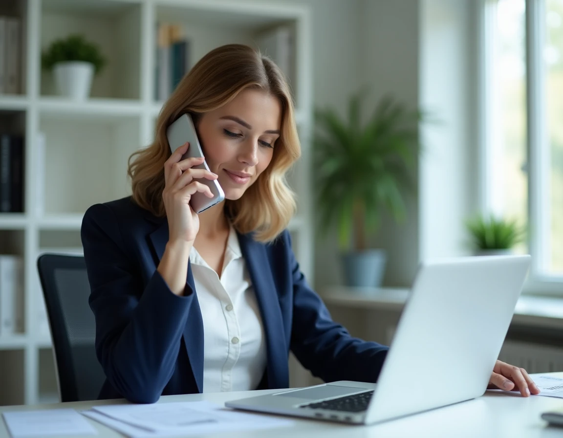 Femme au bureau composant le numéro de téléphone de la Banque Postale Centre financier depuis son domicile