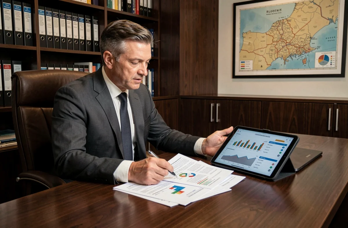 Un conseiller de Corellon Conseils Finances dans le Var explique une stratégie financière à l'aide de documents et d'une tablette