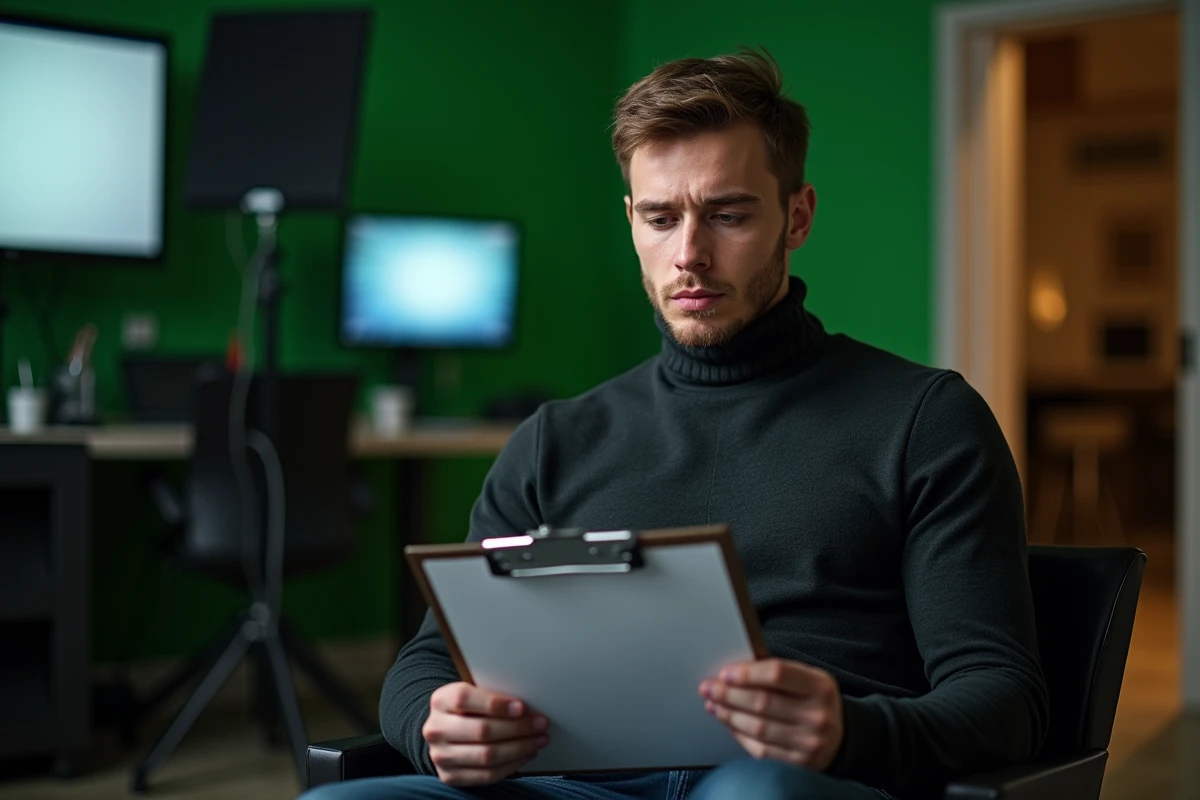 Jeune homme politique en coulisses d'un studio de télévision consultant ses notes, évoquant la personnalité publique et la fortune médiatisée de Louis Boyard