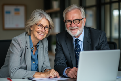 Couple senior souriant au bureau avec papiers et ordinateur