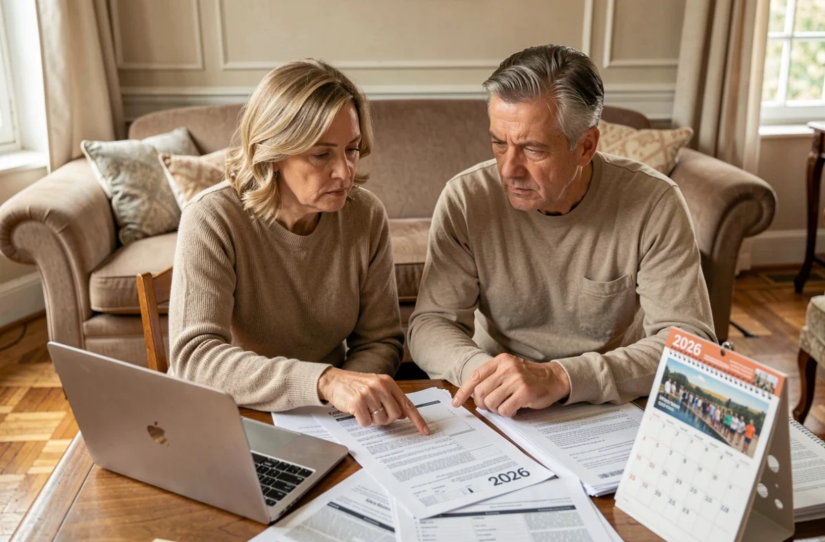 Couple examinant le calendrier des paiements de pension d'invalidité 2026 en cas de changement de situation