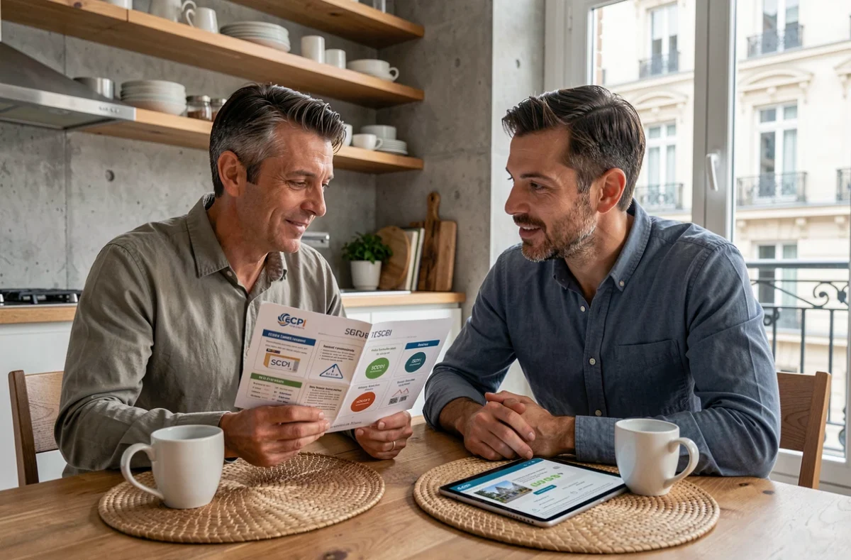 Couple étudiant une sélection de SCPI à leur domicile parisien avec brochure et tablette