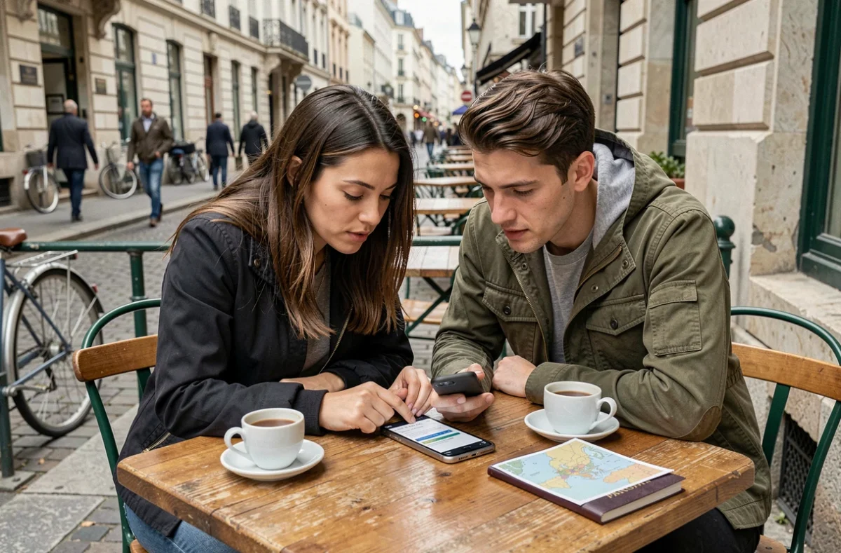 Couple de voyageurs consultant les conditions d'assurance Revolut sur smartphone dans un café européen