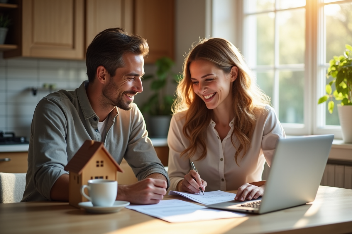 Jeune couple souriant examinant des documents de prêt immobilier