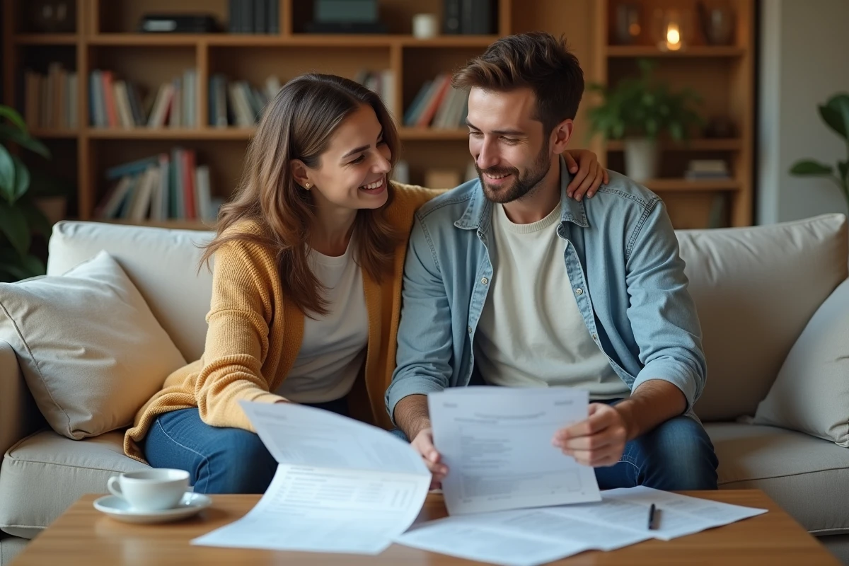 Couple examinant ensemble des documents financiers dans leur salon pour reprendre le contrôle de leur budget