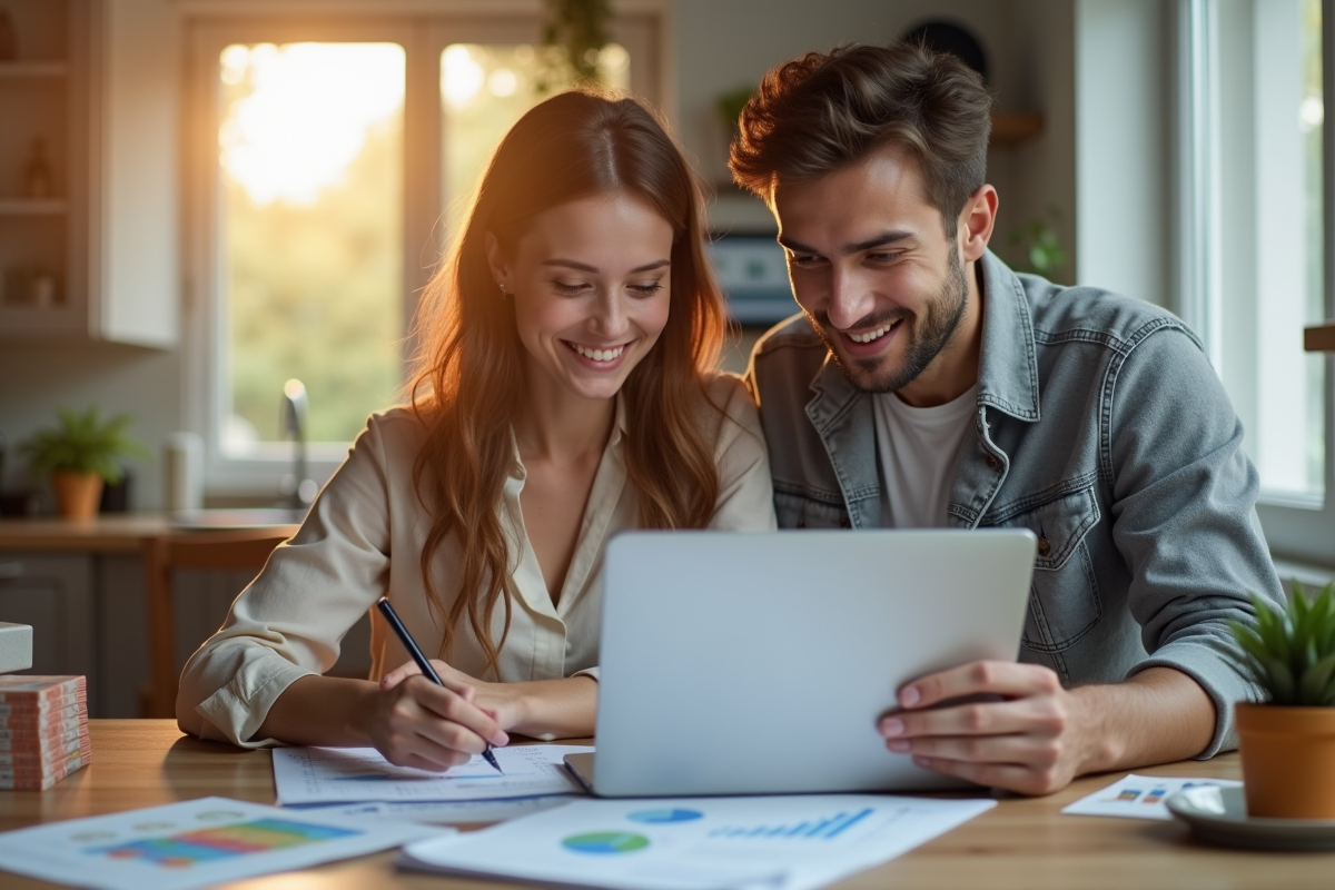Jeune couple d'approfessionnels analysant des documents financiers