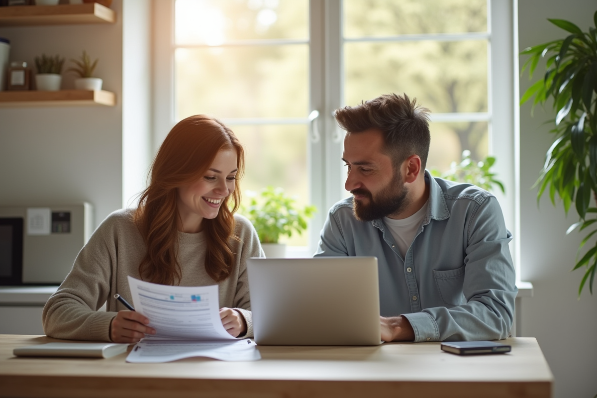 Couple dans une cuisine moderne examine des documents financiers