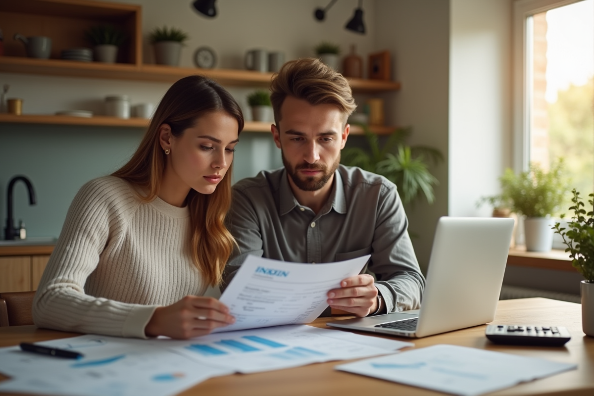 Jeune couple à la maison analysant des documents financiers