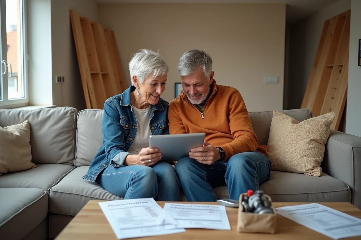 Couple consultant le formulaire Éco PTZ pour des travaux de rénovation énergétique