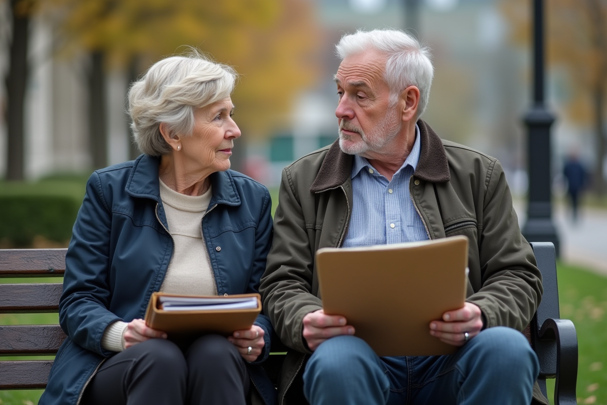 Couple d'âgés assis sur un banc avec documents de retraite